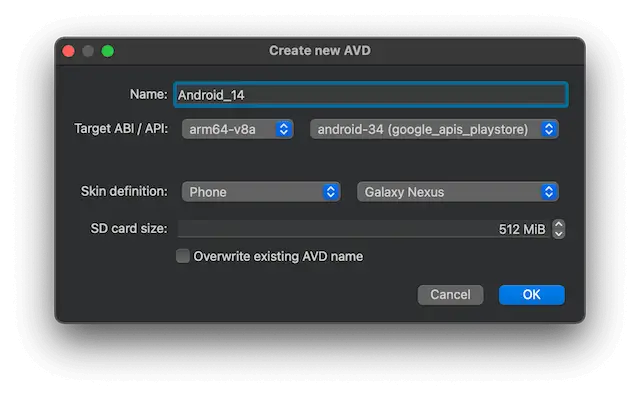 创建新的 AVD 对话框