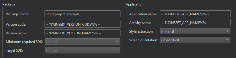 Android Manifest Editor 中的软件包信息