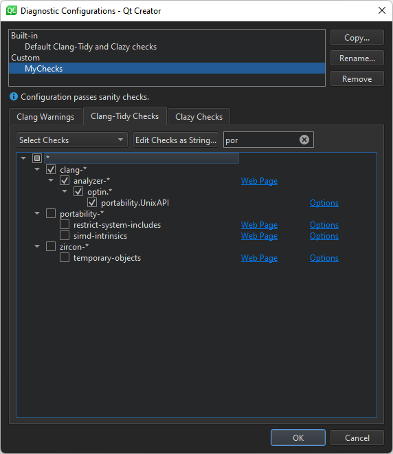 诊断配置对话框中的 Clang-Tidy 检查选项卡