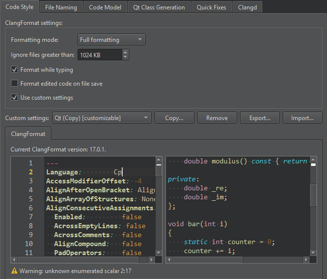 C++ 偏好设置中的代码风格选项卡