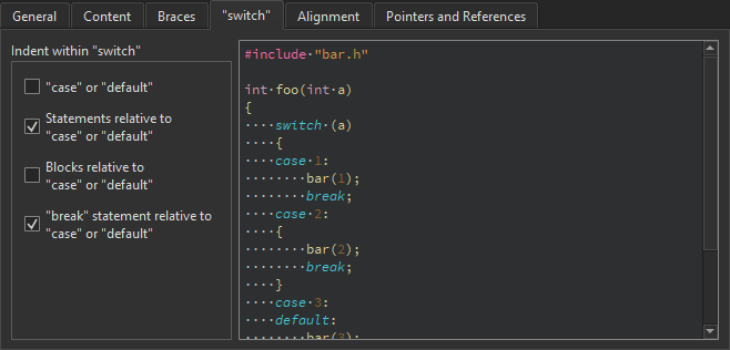 C++ 偏好设置中 "代码风格 "选项卡的 "开关 "选项卡
