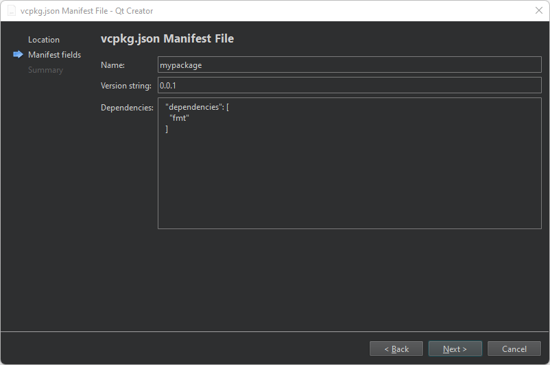 vcpkg.json 清单文件对话框