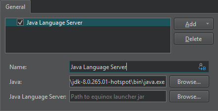语言客户端首选项 "常规 "选项卡中的 Java 语言服务器