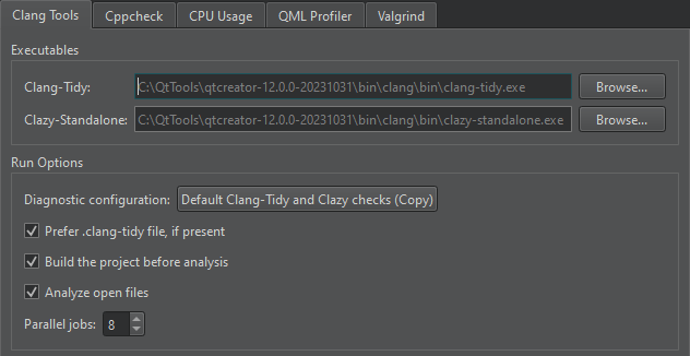 分析器首选项中的 Clang 工具选项卡
