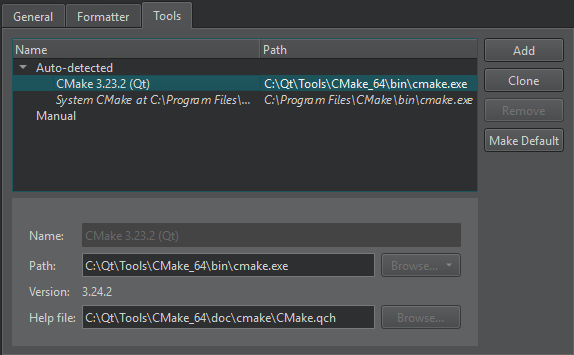 CMake 偏好设置中的 "工具 "选项卡