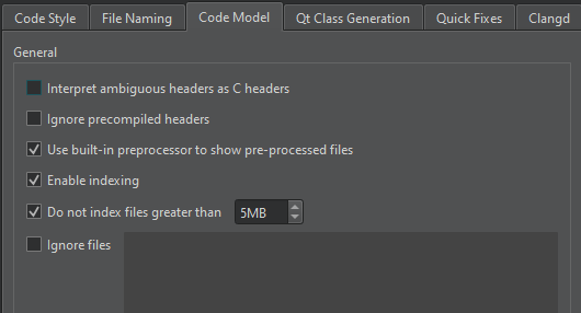 C++ 偏好设置中的 "代码模型 "选项卡