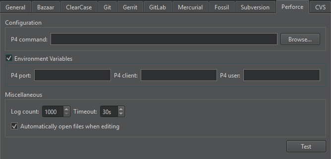 版本控制首选项中的 Perforce 选项卡
