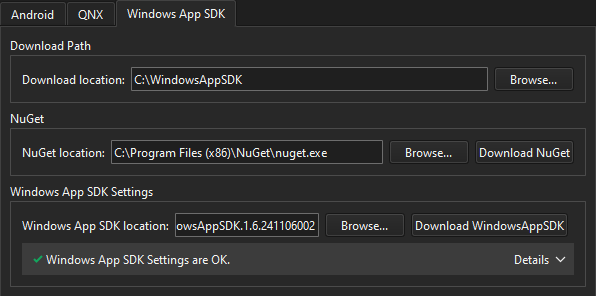 SDK 偏好设置中的 Win App SDK 选项卡