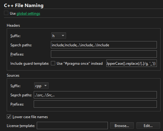 项目的 C++ 文件命名设置