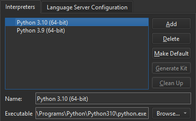 Python 偏好设置中的解释器选项卡