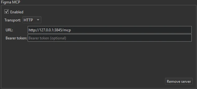 MCP Server Settings dialog showing the Figma server configured with HTTP transport and the Figma MCP server URL