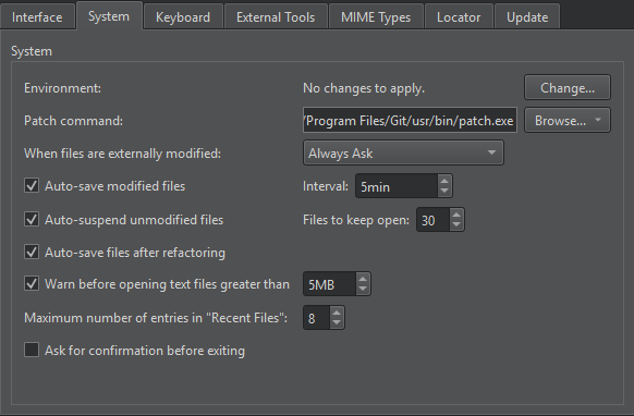 {System tab in Environment preferences}