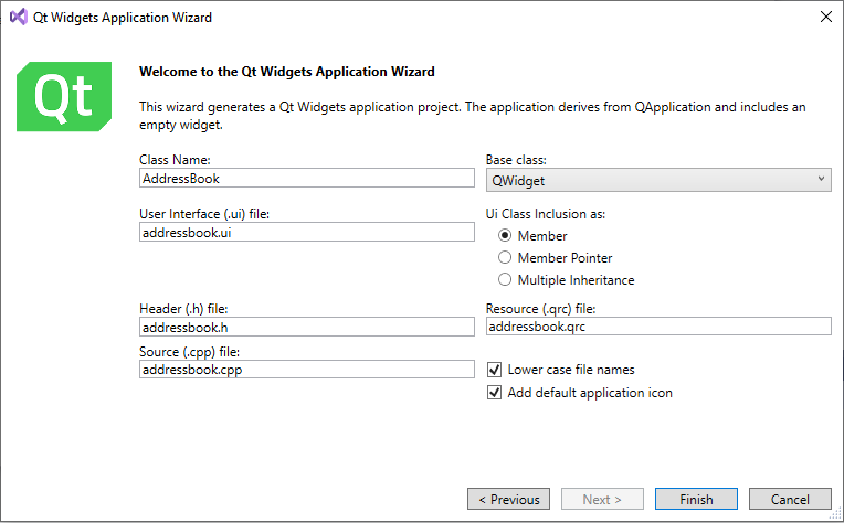 "Creating a class in Qt Widgets Application Wizard"