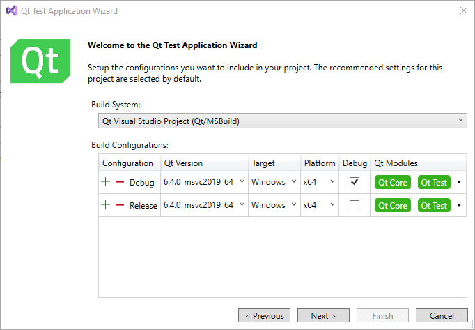 {Selecting Qt modules in Qt Test Application Wizard}