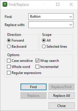 "The Find/Replace dialog"