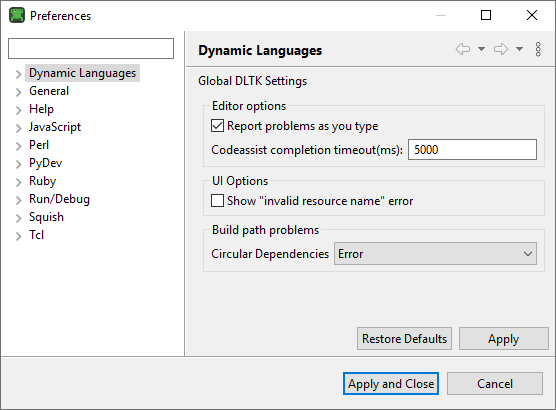 "The Preferences dialog Dynamic Languages pane"