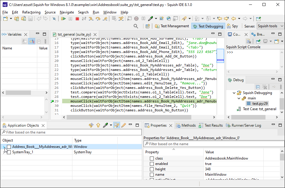 "Squish stopped at a breakpoint in Debug Perspective"