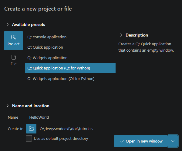 {A Qt Quick Python application in the New item view}