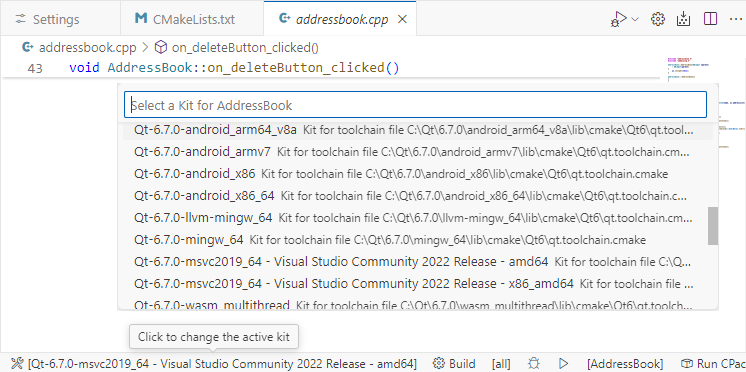 {インストールされたQtバージョンのCMakeキット}。