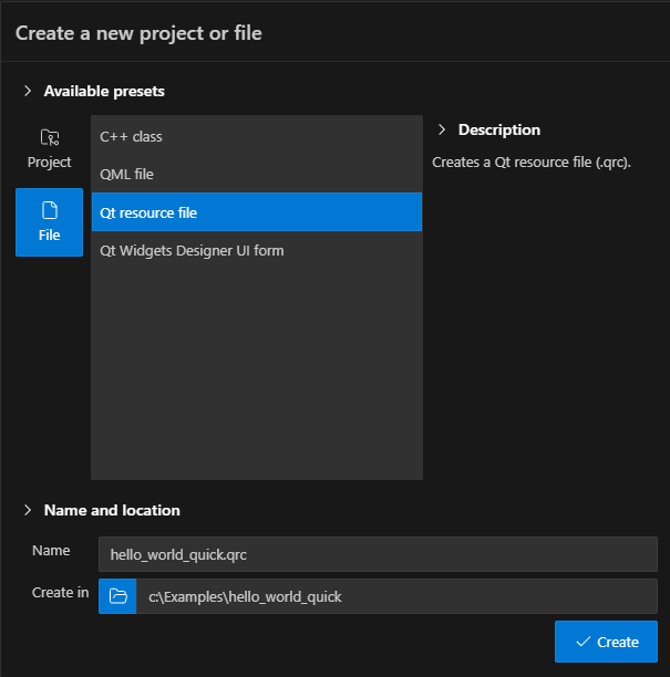 {새 항목 보기에서 선택한 Qt 리소스 파일}