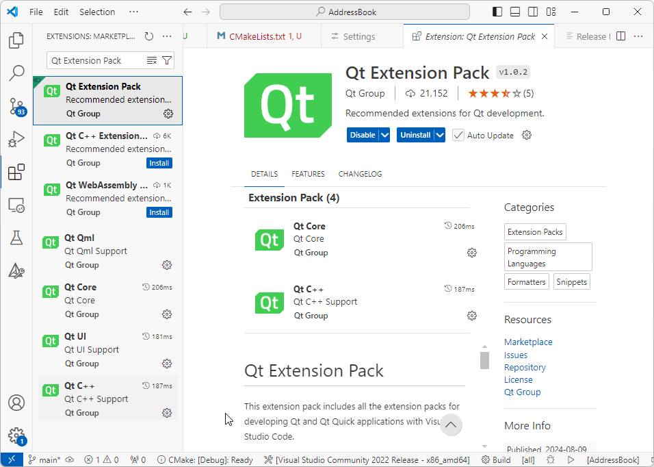 VS 코드의 {Qt 확장}