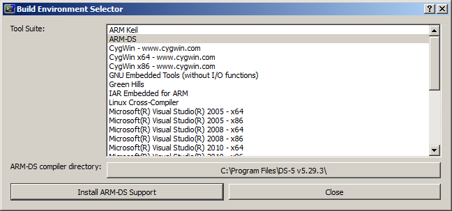 Installation of Arm DS support in Build Environment Selection